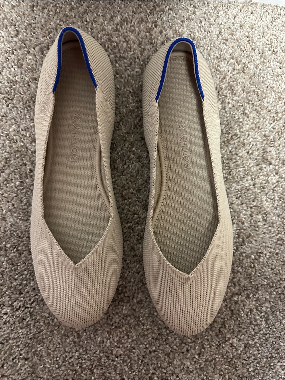 Rothy's Women's Beige Pointed Toe Flats with Blue Trim